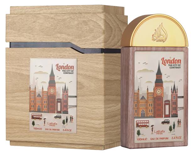 Lattafa London The City of Contrast Unisex EDP 100ml — frasco y caja de madera con ilustración de Londres