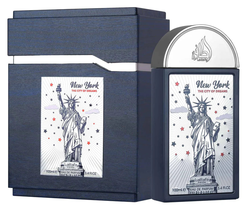 Lattafa New York The City of Dreams Unisex EDP 100ml — frasco azul marino con Estatua de la Libertad