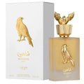 Lattafa Shaheen Gold Unisex EDP 100ml — frasco dorado con halcón y caja blanca Lattafa Pride
