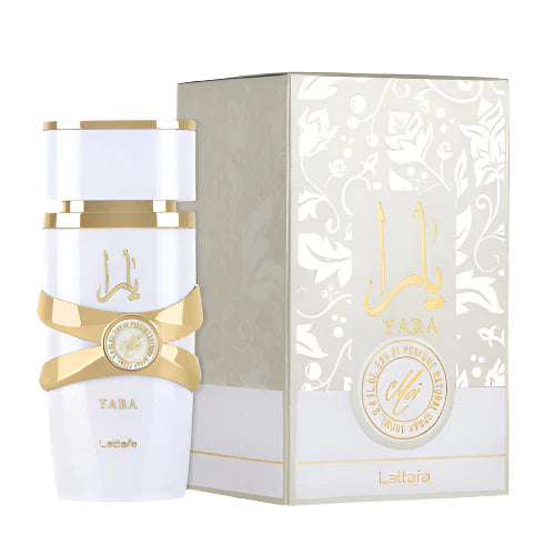Lattafa Yara Moi Women EDP 100ml — frasco blanco con lazo dorado y caja blanca dorada