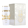Lattafa Yara Moi Women EDP 100ml — frasco blanco con lazo dorado y caja blanca dorada