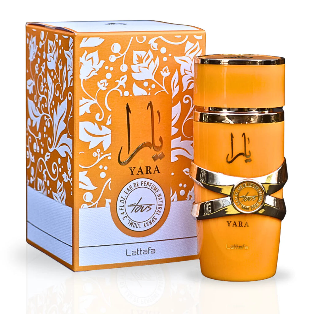 Lattafa Yara Tous Women EDP 100ml — frasco naranja con lazo dorado y caja naranja floral