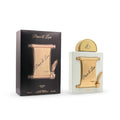Lattafa Peace & Love Unisex EDP 100ml — frasco blanco con diseño de pergamino dorado y caja negra