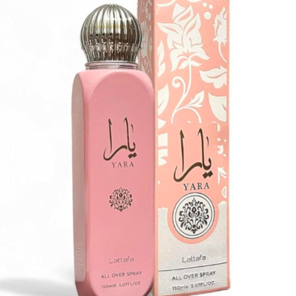 Lattafa Yara All Over Women Body Spray 150ml — frasco rosa con tapa plateada tipo domo