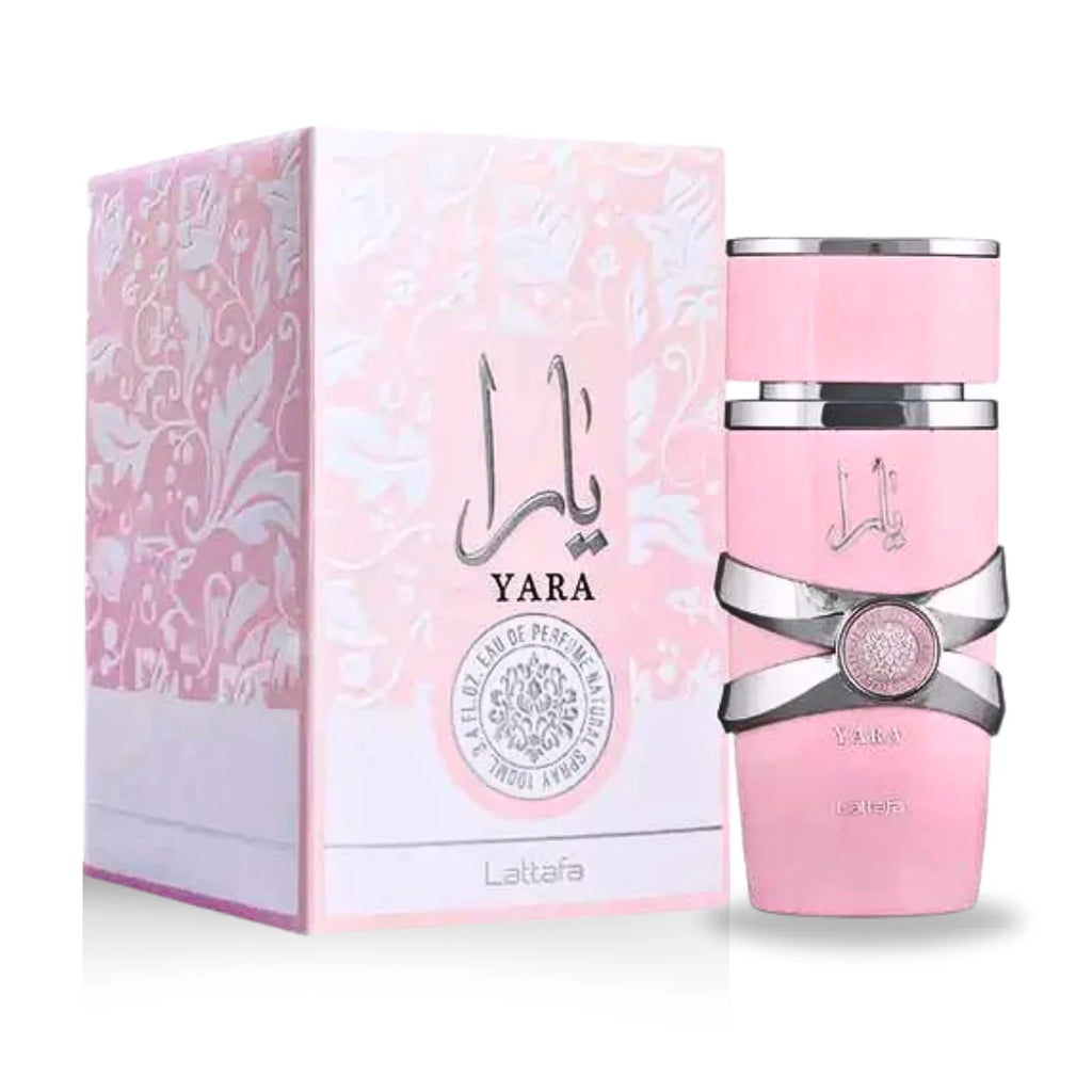 Lattafa Yara Women EDP 100ml — frasco rosa con lazo plateado y caja rosa floral