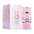 Lattafa Yara Women EDP 100ml — frasco rosa con lazo plateado y caja rosa floral