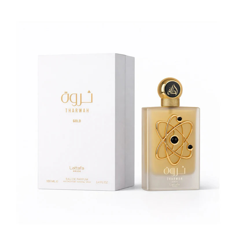 Lattafa Tharwah Gold Women EDP 100ml — frasco dorado con diseño de átomo y caja blanca Lattafa Pride