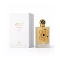 Lattafa Tharwah Gold Women EDP 100ml — frasco dorado con diseño de átomo y caja blanca Lattafa Pride