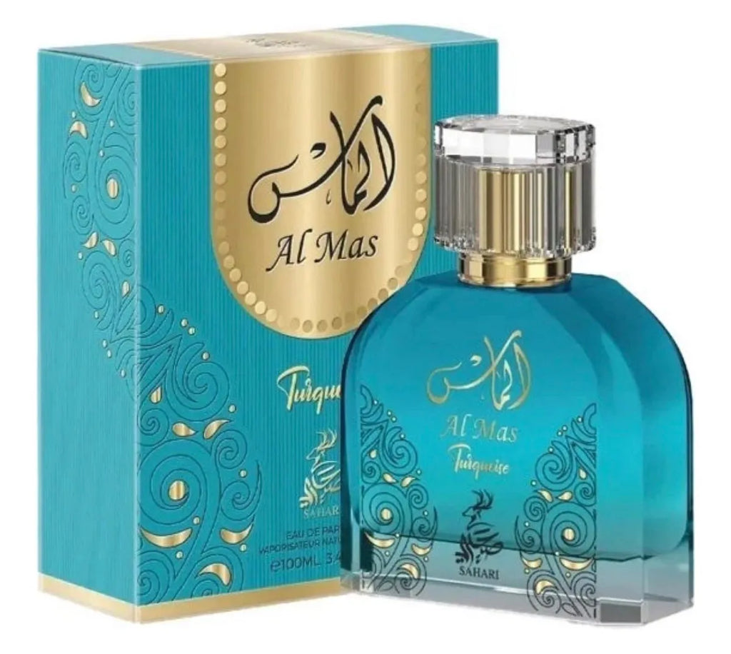 Sahari Al Mas Turquoise EDP 100ml, botella turquesa con su caja