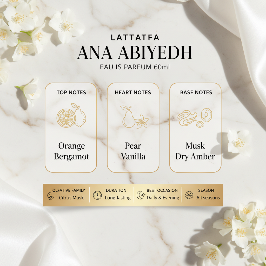 Lattafa Ana Abiyedh notas de fragancia - Top Notes, Heart Notes, Base Notes