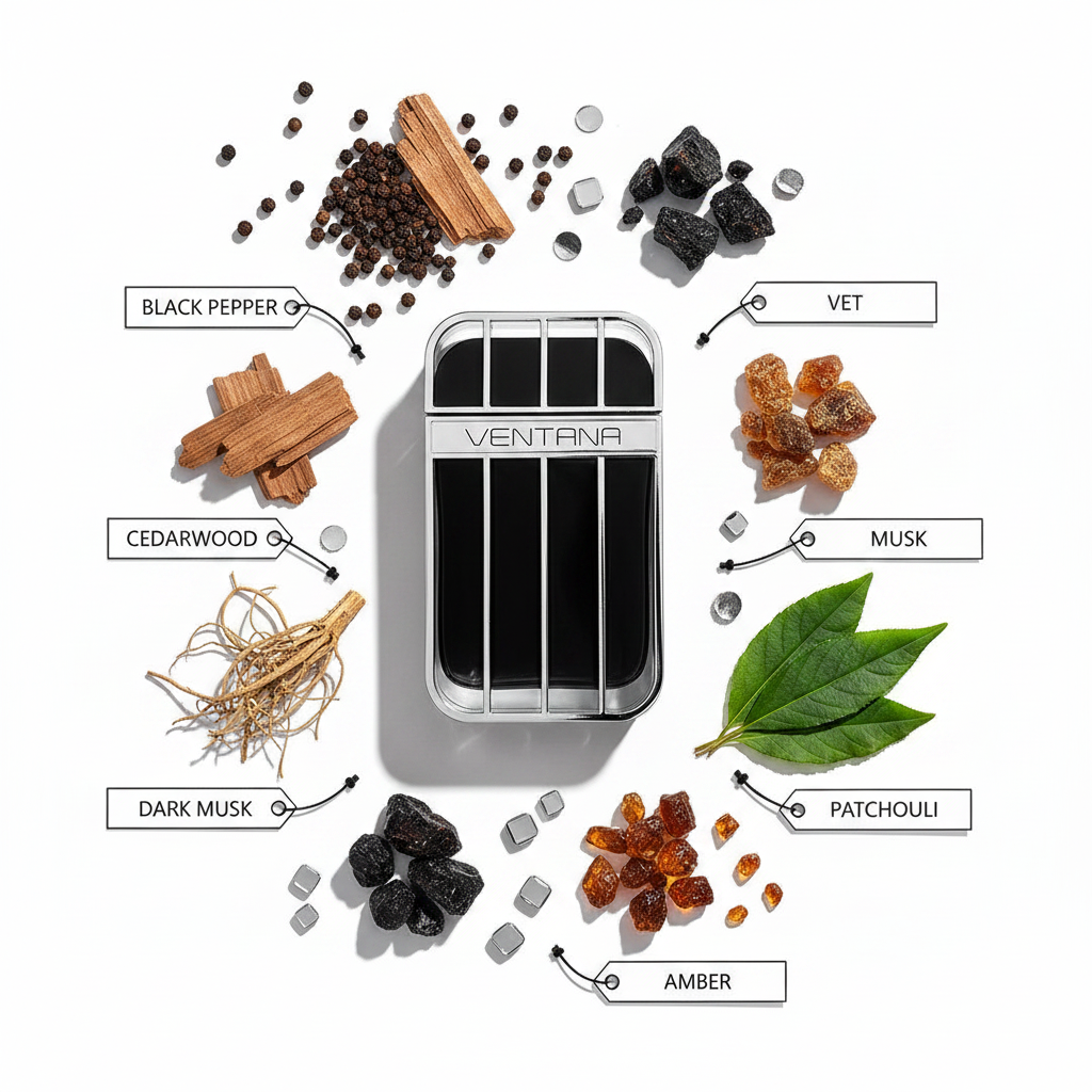 Armaf Ventana Pour Homme fondo blanco ingredientes