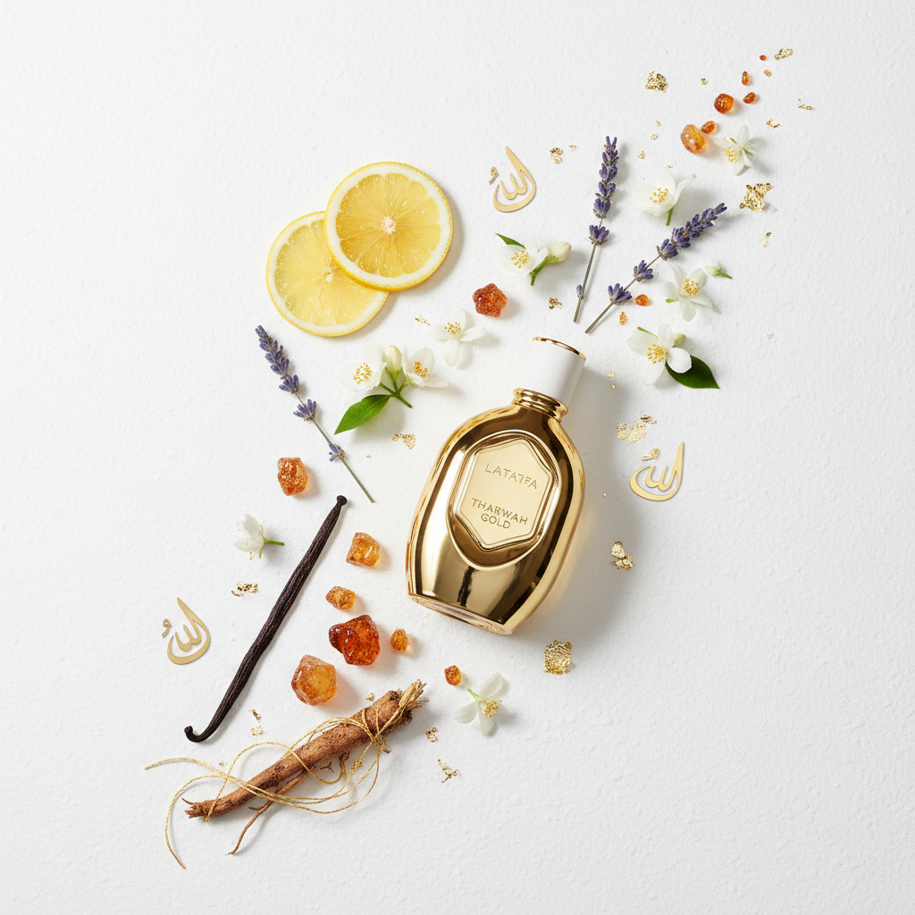 Lattafa Tharwah Gold — Notas de fragancia: bergamota, jazmín, lavanda, vainilla y ámbar sobre fondo blanco