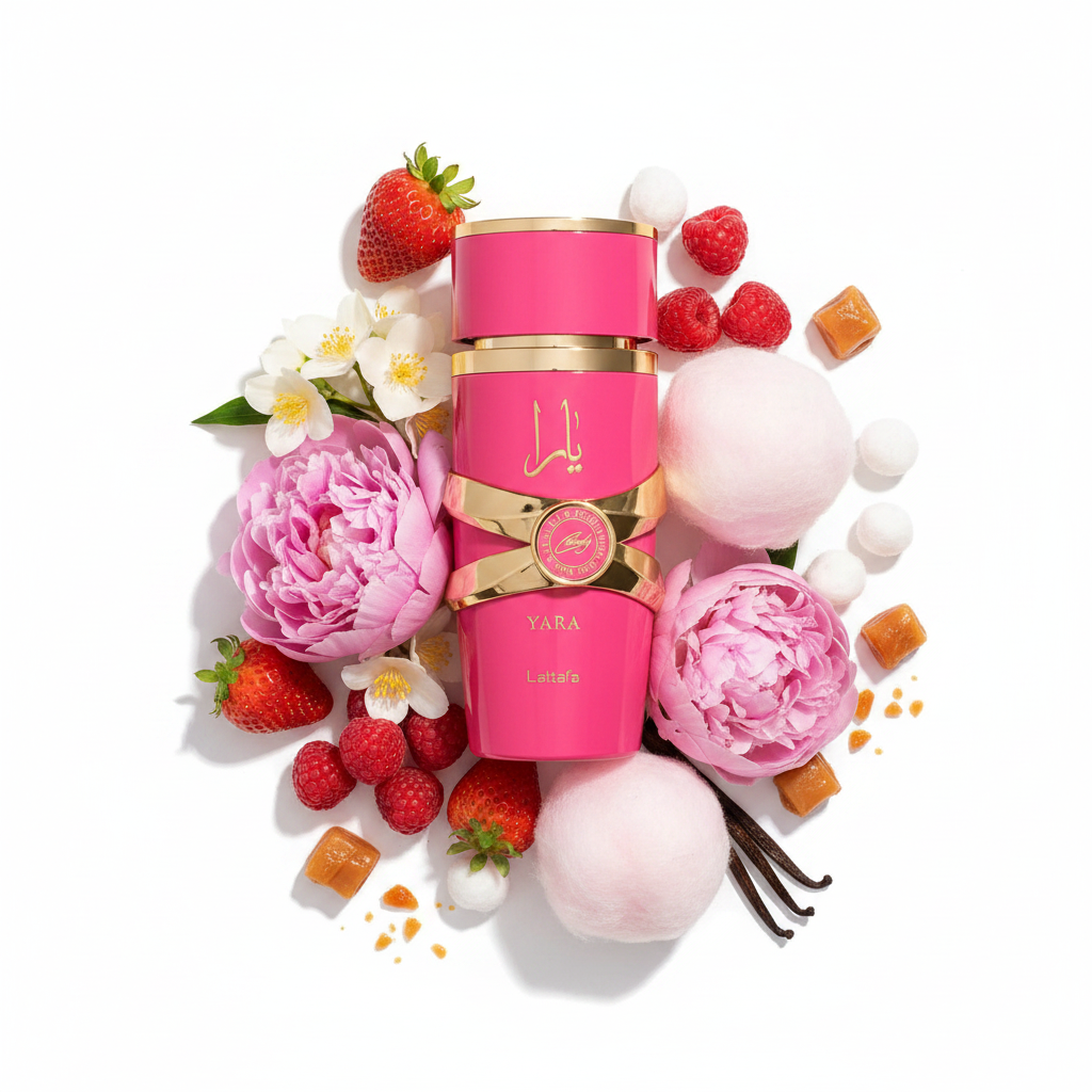 Lattafa Yara Candy — notas de fragancia: fresa, frambuesa, gardenia, vainilla y almizcle