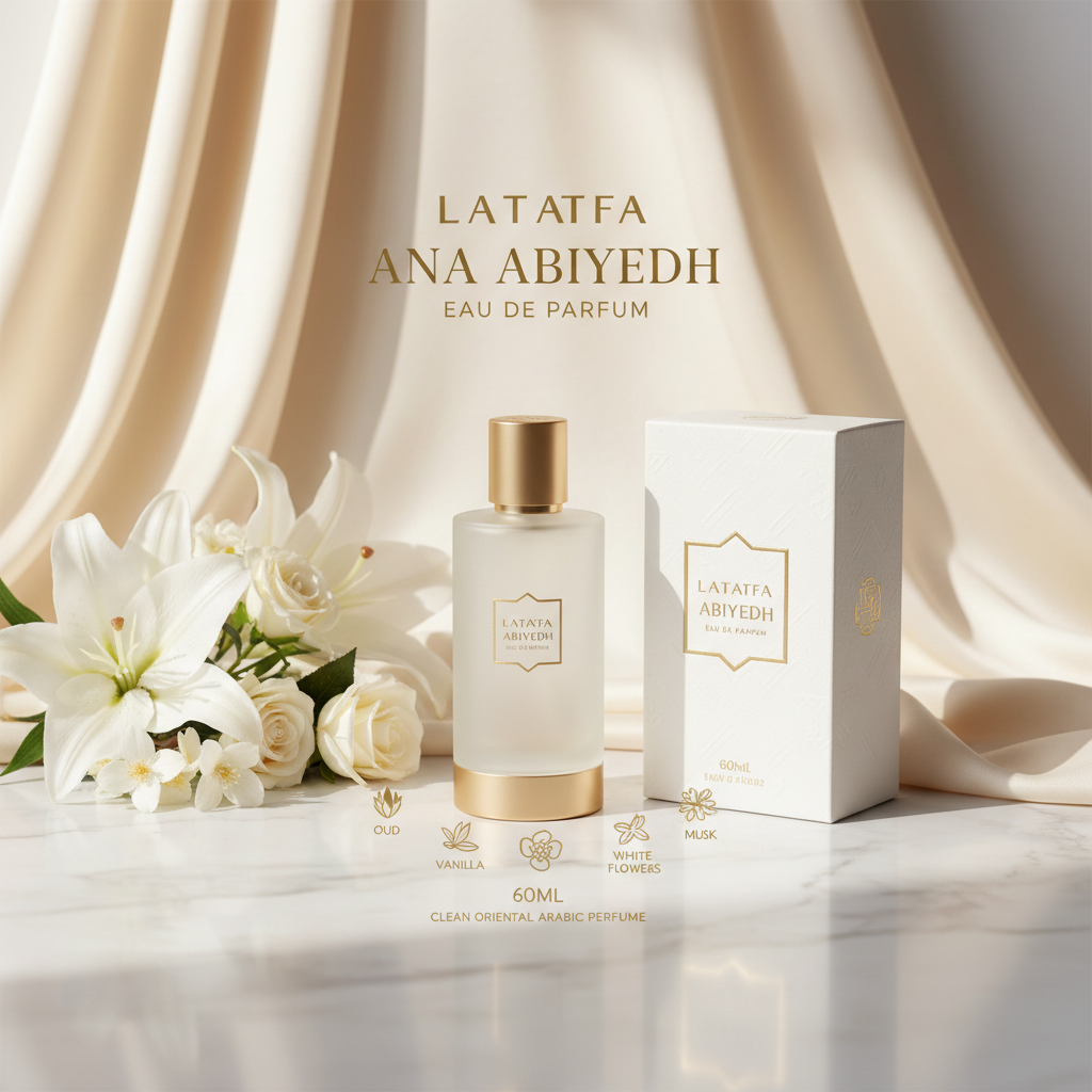 Lattafa Ana Abiyedh Eau de Parfum 60ml luxury editorial product photography